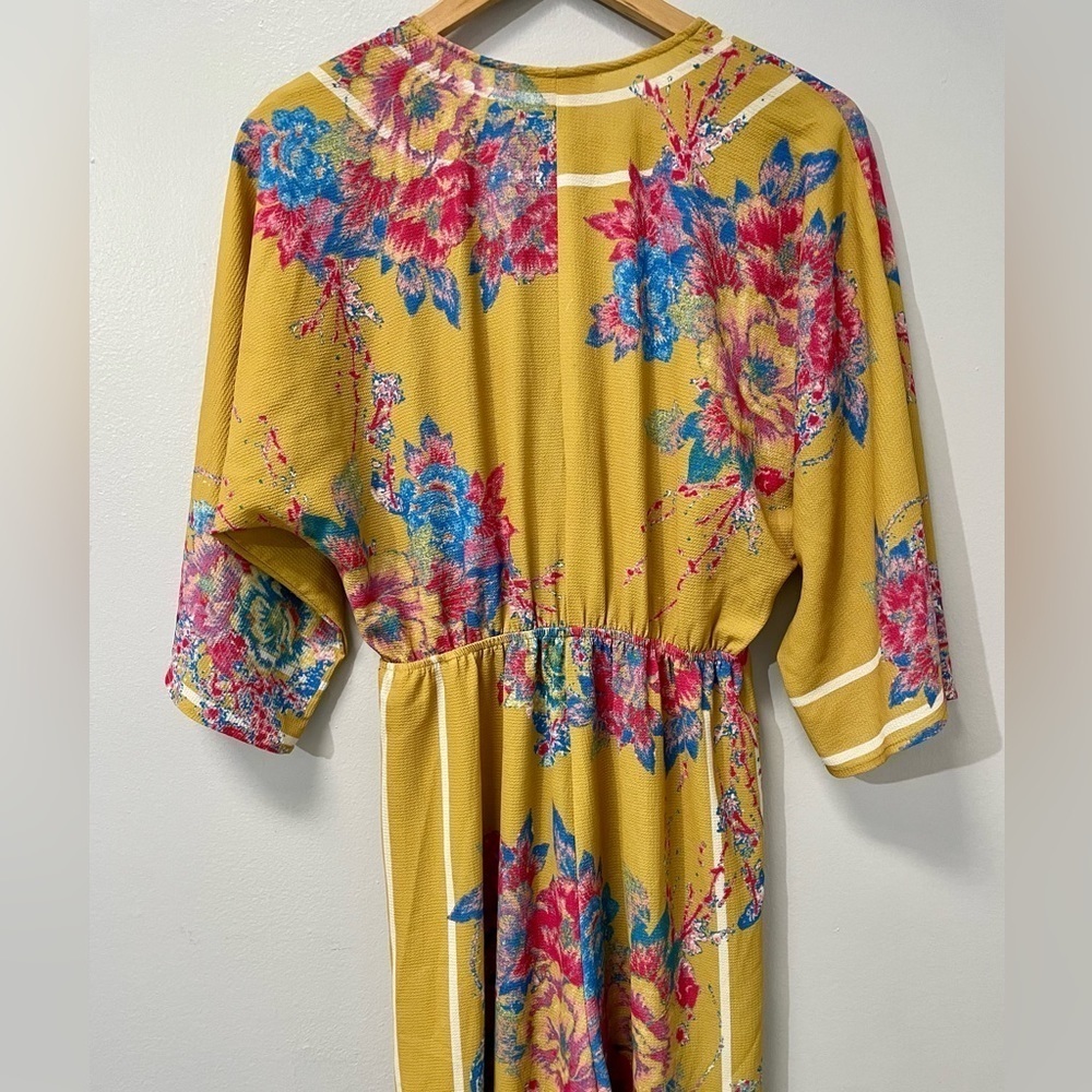 Flying Tomato Mustard Yellow Floral Maxi Romper Jumpsuit Wide Leg Kimono Sleeves - Picture 7 of 8